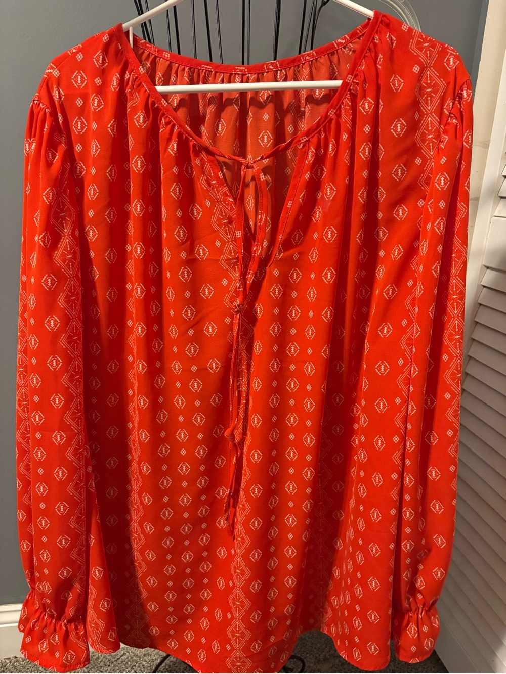 Red Patterned Tie-Neck Women's Blouse